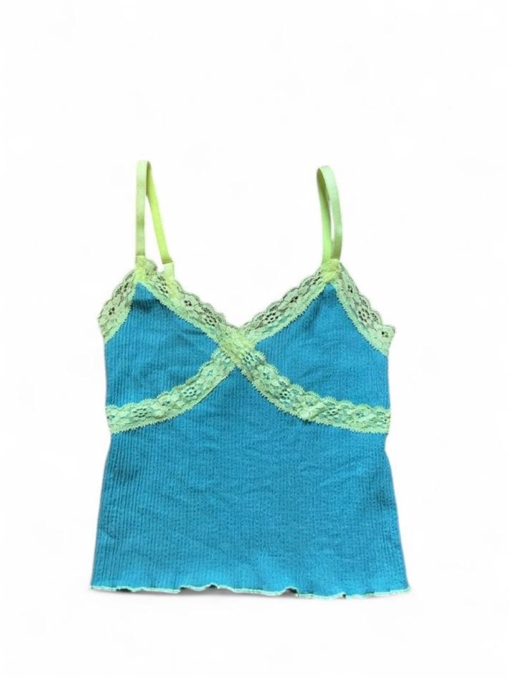 BDG Teal Ribbed Cami with Lime Lace Trim